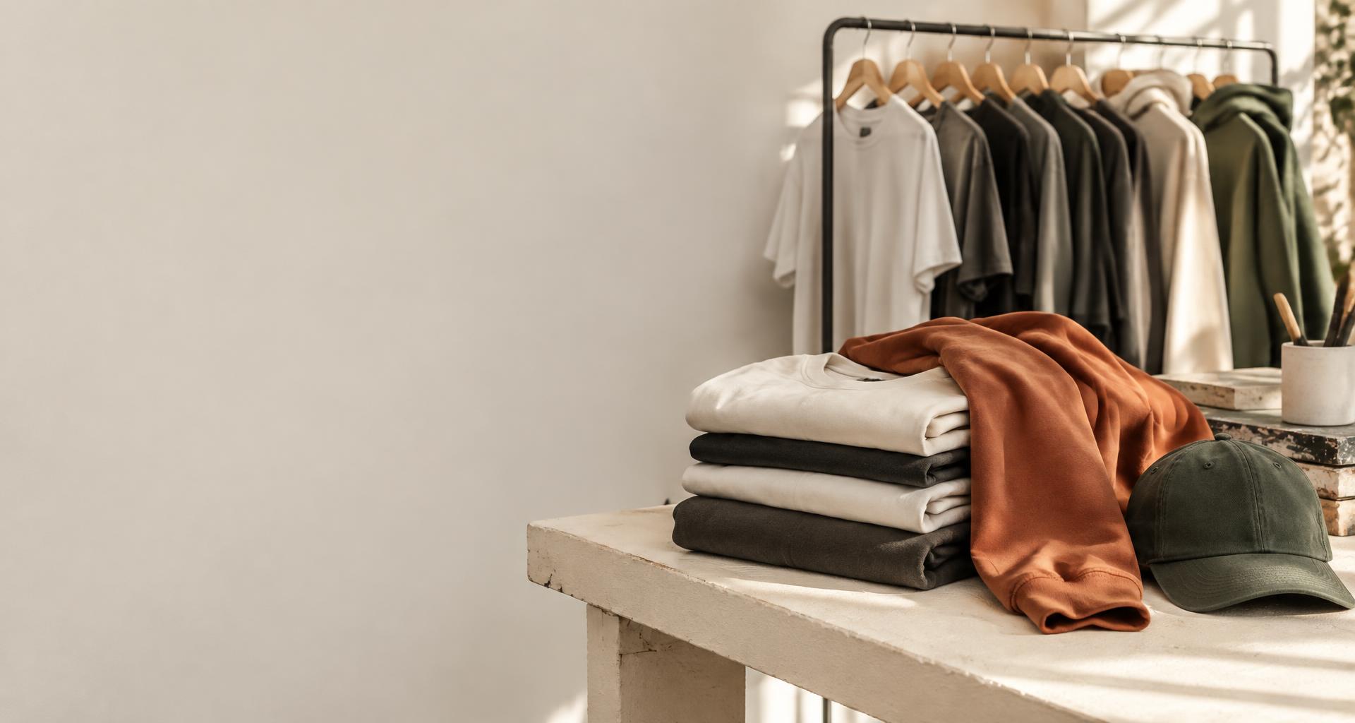 An apparel studio with folded tees, a burnt orange sweatshirt and a green cap